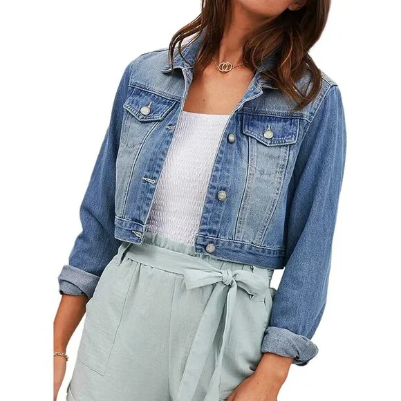 Brand New Women's Acid Blue Washed Cotton Fitted Cropped Denim Jacket Casual - Picture 7 of 7